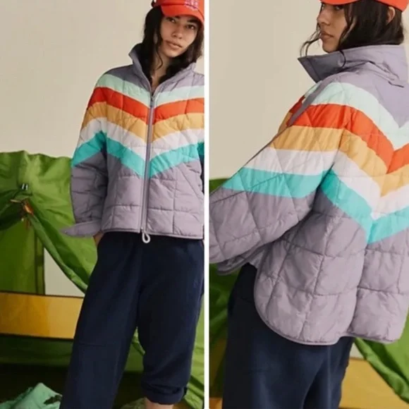 Free People Sun Valley Rainbow Chevron Puffer Jacket - Picture 1 of 6